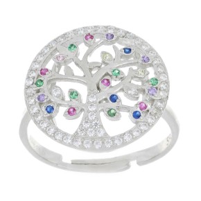 Anello albero della vita grande regolabile in argento 925 e zirconi multicolor