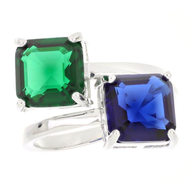 Anello Artemide regolabile argentato pietre quadrate verde e blu