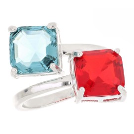 Anello Artemide regolabile argentato pietre quadrate acqua marina e rosso