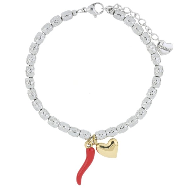 Bracciale con pepite in acciaio e cornetto rosso pendente e cuore dorato