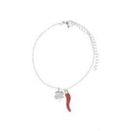 Bracciale con cornetto rosso e quadrifoglio in Acciaio