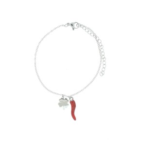 Bracciale con cornetto rosso e quadrifoglio in Acciaio