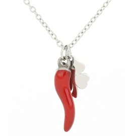 Collana con cornetto rosso e quadrifoglio in Acciaio