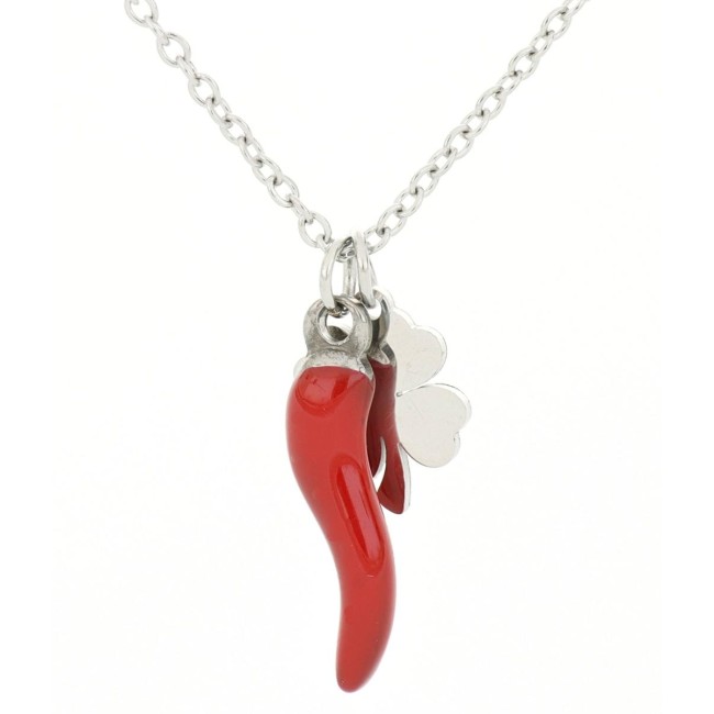 Collana con cornetto rosso e quadrifoglio in Acciaio