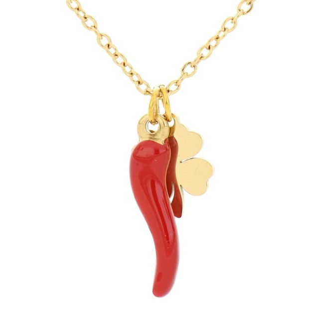 Collana con cornetto rosso e quadrifoglio in Acciaio