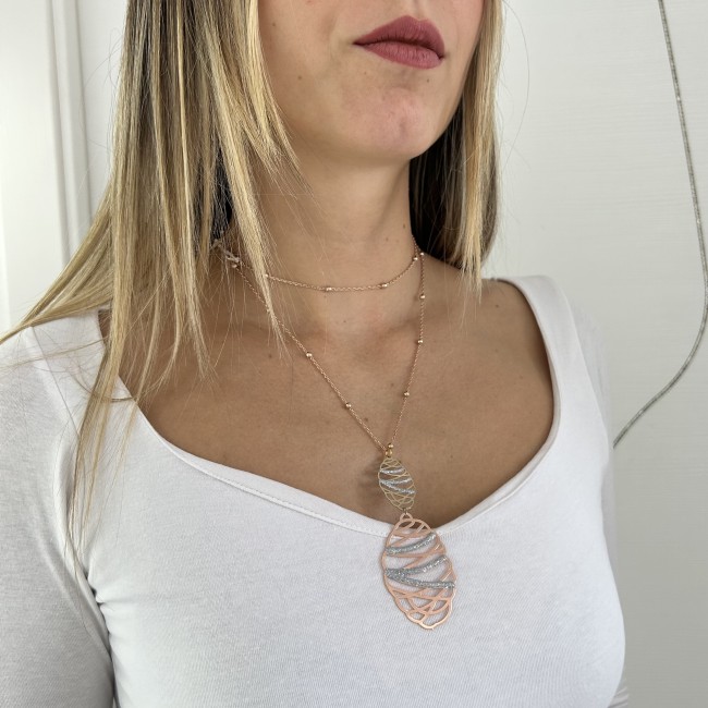 Collana Harmony lunga doppi ovali dorati e rosè  frontali  con brillanti  argentati