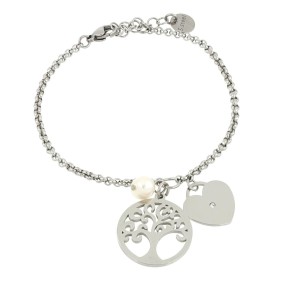 Bracciale Ideal con albero della vita e cuore pendente  in acciaio e perla