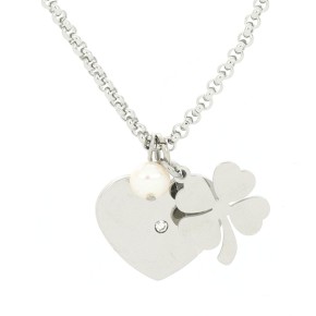 Collana Ideal in acciaio con cuore quadrifoglio e perla pendenti