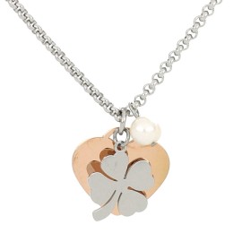 Collana Ideal in acciaio con cuore rosè quadrifoglio e perla pendenti