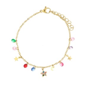 Bracciale Varsavia sottile dorato con stelle pendenti multicolor