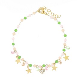 Bracciale Varsavia dorato stelle e perline verdi e rosa