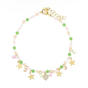 Bracciale Varsavia dorato stelle e perline verdi e rosa