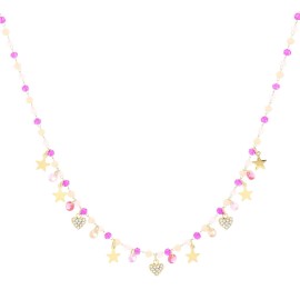 Collana Varsavia dorata con stelline e perline fucsia