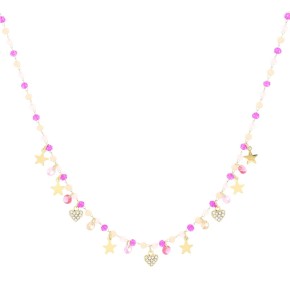 Collana Varsavia dorata con stelline e perline fucsia