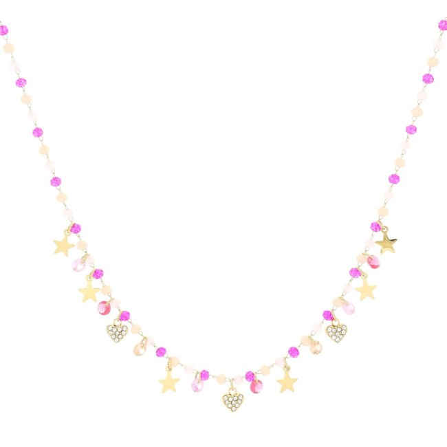 Collana Varsavia dorata con stelline e perline fucsia