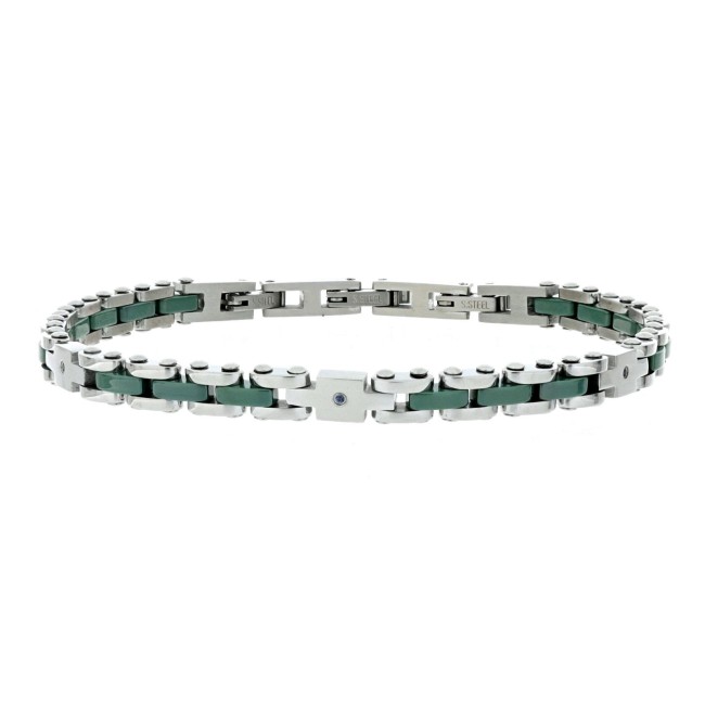 BRAC. IN ACCIAIO VERDE CM 18+3 CON 3 DIAMANTI BLU/SI 1MM CT 0,008