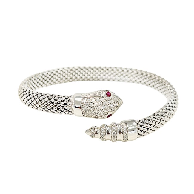 Bracciale rigido serpente occhi fucsia maglia flex e zirconi in Argento 925 rodiato