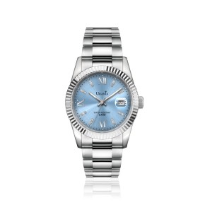 OROLOGIO DONNA ACCIAIO ARGENTO QUADRANTE CELESTE CON MARCATORI BRILLANTI + DATARIO 