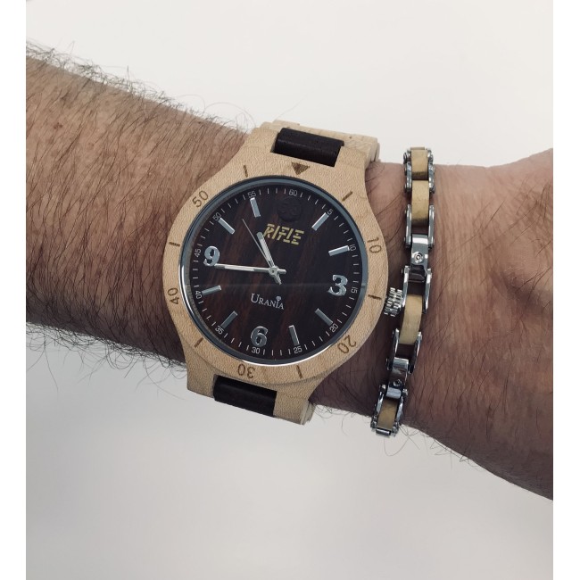 OOROLOGIO UOMO IN LEGNO CON CASSA ACERO CHIARO BRACC ACERO CHIARO