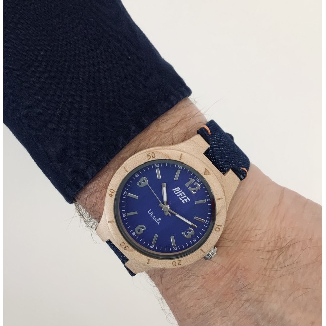 OROLOGIO UOMO IN LEGNO CON CASSA ACERO CHIARO CINTURINO DENIM