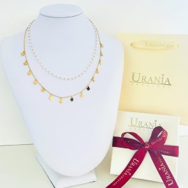 Collana perla dorata doppio filo con quadrifogli pendenti