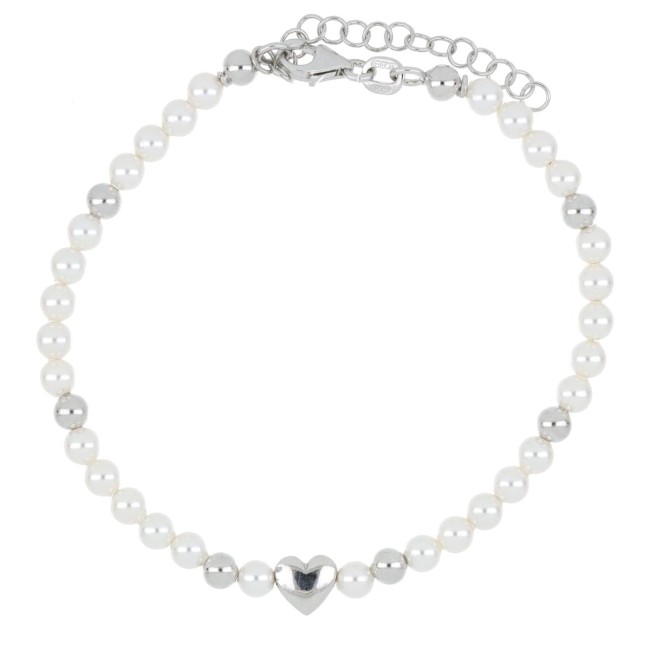 Bracciale perle 4mm con cuore argentato centrale in argento 925