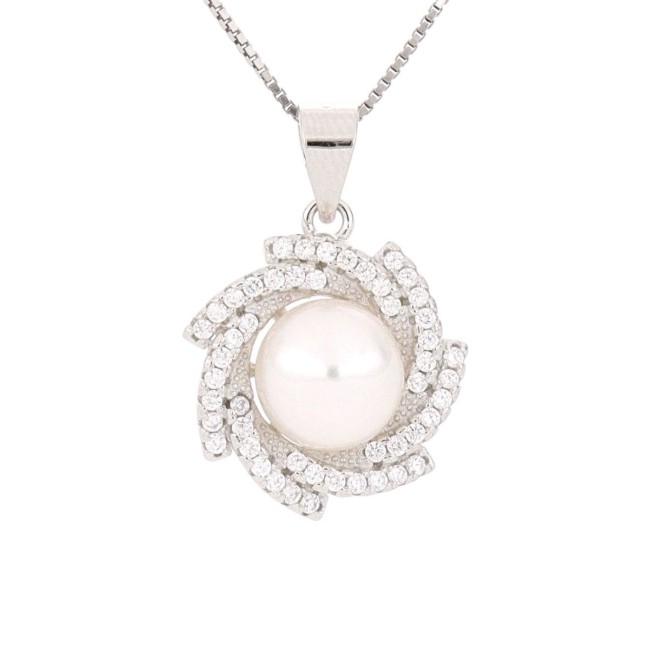 Collana perla vortice pendente catenina veneziana in argento 925 e zirconi