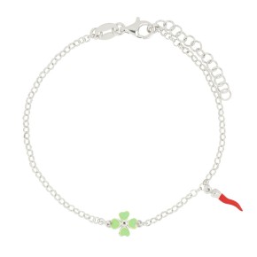 Bracciale portafortuna con cornetto rosso e quadrifoglio verde in argento 925