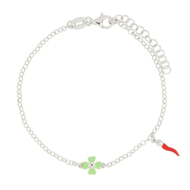 Bracciale portafortuna con cornetto rosso e quadrifoglio verde in argento 925