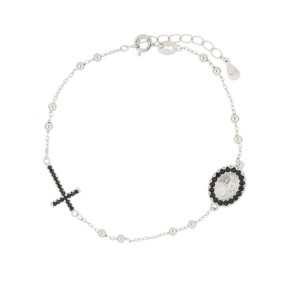 Bracciale rosario in argento 925 croce e madonnina con zirconi neri