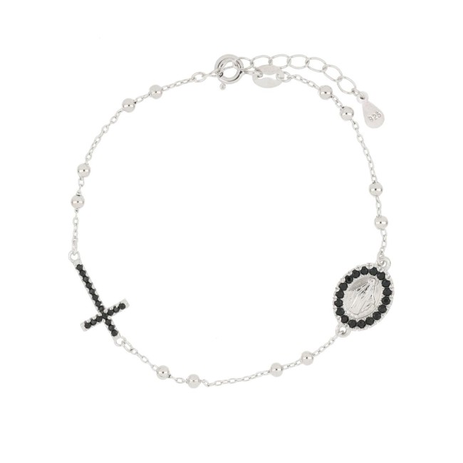 Bracciale rosario in argento 925 croce e madonnina con zirconi neri