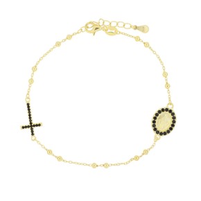 Bracciale rosario dorato in argento 925 croce e madonnina con zirconi neri