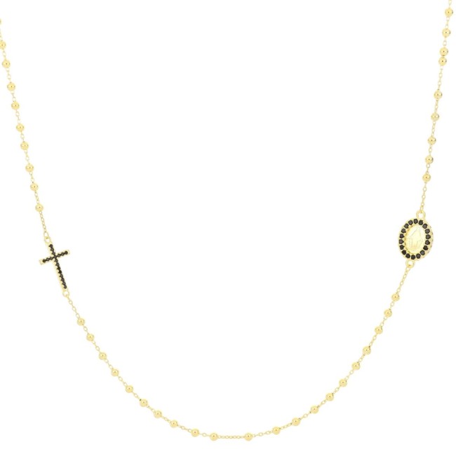 Collana rosario girocollo dorata in argento 925 croce e madonnina con zirconi neri