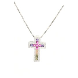 Collana con croce multicolor e zirconi quadrati pendente in argento 925 